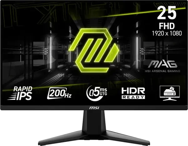 MSI MAG 255F E20, 24.5", Rapid IPS, 1920x1080 (FullHD), 200Hz, 300 Nits, 0.5ms, AMD FreeSync Premium, HDR Ready, 2x HDMI 2.0b, 1x DP 1.2a, 1x Headphone-out, Tilt, VESA