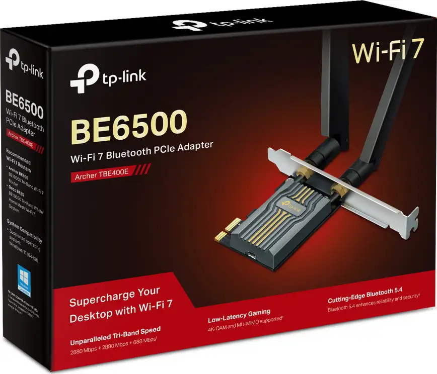 TP-Link BE6500 Archer TBE400E bežični Tri-Band Wi-Fi 7, BT5.4 PCI-E adapter, 2880Mbps/2880Mbps/688Mbps (2.4GHz/5GHz/6GHz), MLO, 2×antene
