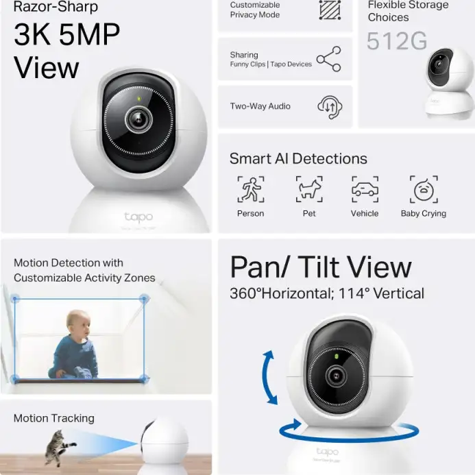 TP-Link Tapo C230 AI kamera 3K 5MP, H.264, 360°/114° Pan/Tilt, Advanced Night Vision, microSD, dvosmjerni audio, AI detekcija pokreta, Wi-Fi, Tapo app - Slika 2