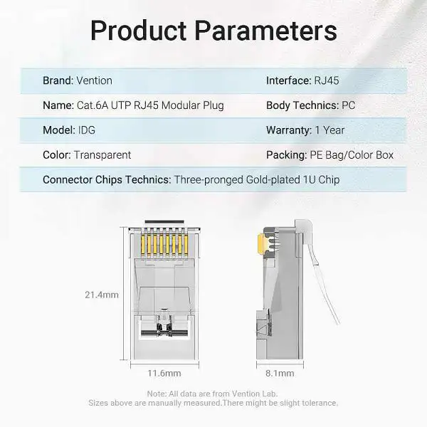 MODUL CAT.6A UTP RJ45 100 kom VENTION IDGR0-100 PROZIRNI - Slika 2