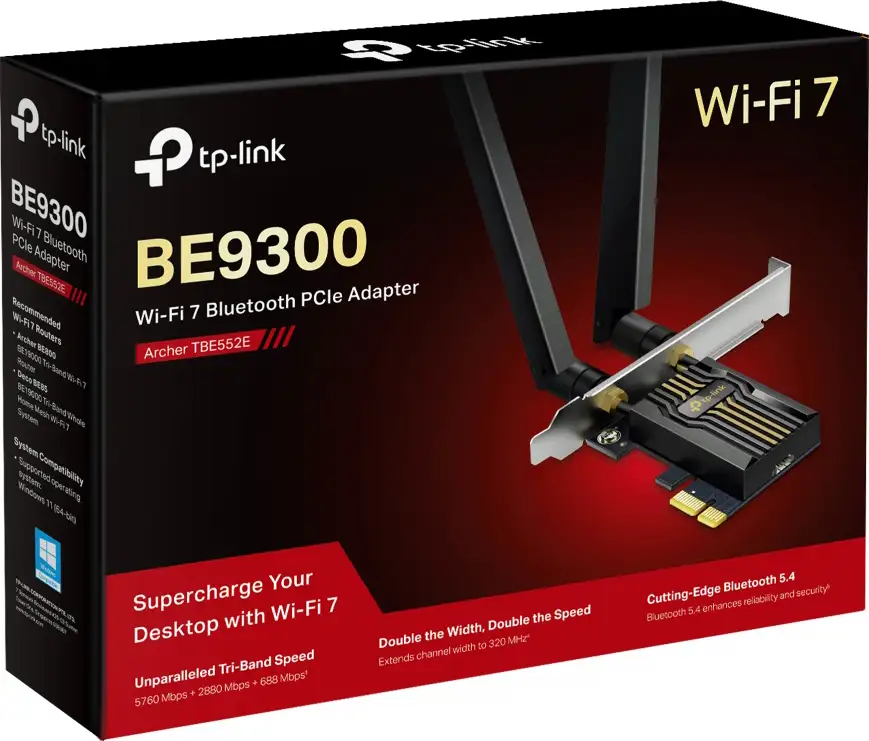 TP-Link BE9300 Archer TBE552E bežični Tri-Band Wi-Fi 7, BT5.4 PCI-E adapter, 5760Mbps/2880Mbps/688Mbps (2.4GHz/5GHz/6GHz), MLO, 2×antene - Slika 8