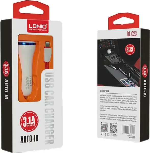 AUTO PUNJAČ 2 U 1 LDNIO DL-C23 2*USB 3.1 A IOS+KABEL LIGHTNING CRNI