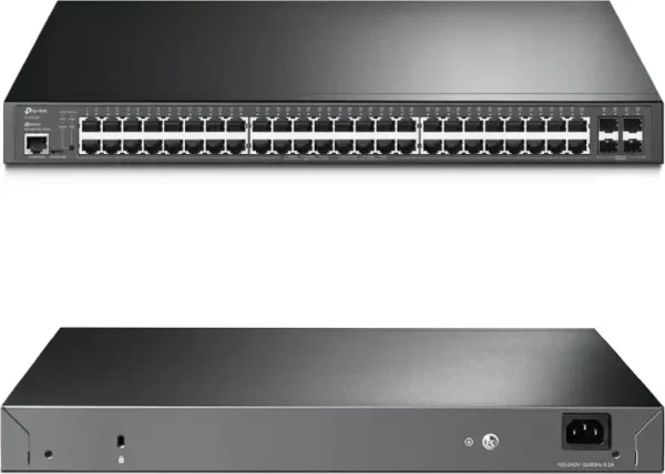 TP-Link Omada JetStream 48-port Gigabit L2 Smart PoE+ preklopnik, 48×10/100/1000 RJ45 ports, 4×SFP Gigabit, 1×RJ45 console port, 1×microUSB, 1U 19" rack-mount (385W)