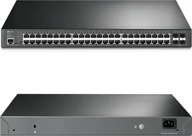 TP-Link Omada JetStream 48-port Gigabit L2 Smart PoE+ preklopnik, 48×10/100/1000 RJ45 ports, 4×SFP Gigabit, 1×RJ45 console port, 1×microUSB, 1U 19" rack-mount (385W)