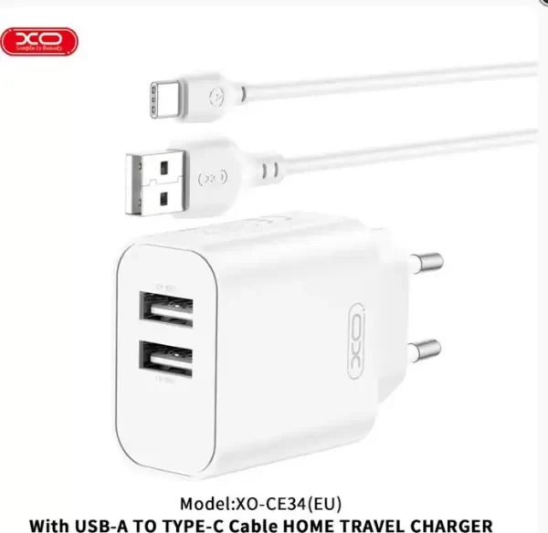 KUĆNI PUNJAČ XO CE34 DUAL USB-A 2,4A NB103 TIP C BIJELI
