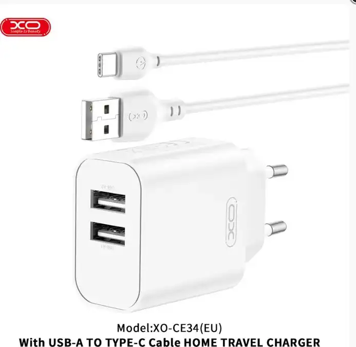 KUĆNI PUNJAČ XO CE34 DUAL USB-A 2,4A NB103 TIP C BIJELI