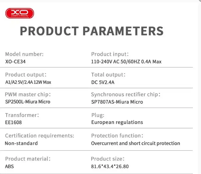 KUĆNI PUNJAČ XO CE34 DUAL USB-A 2,4A NB103 TIP C BIJELI - Slika 2