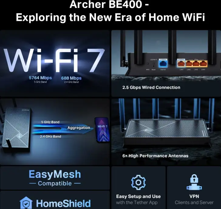 TP-Link BE6500 Wi-Fi 7 usmjerivač (Dual-Band Router Wi-Fi 7), 688Mbps/5764Mbps (2.4GHz/5GHz) MU-MIMO, 1×2.5 Gbps WAN , 1×2.5 Gbps LAN, 3×1 Gbps LAN, Tether App - Slika 3