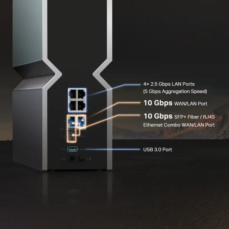 TP-Link BE1900 bežični usmjerivač (Tri-Band Router Wi-Fi 7), 1376Mbps/5760Mbps/11520Mbps (2.4GHz/5GHz/6GHz), 4×4 MU-MIMO, 802.11be, 1×10G WLAN , 4×2.5G LAN, 1×10G SFP+/RJ4, USB3.0, 8×antene