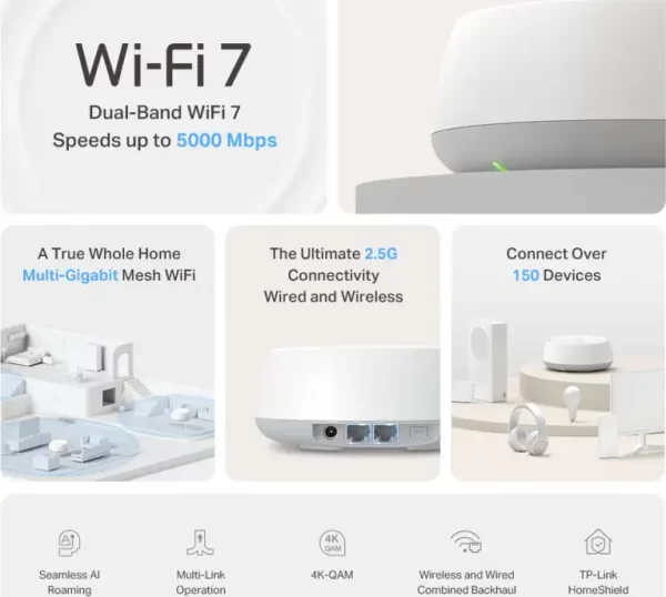TP-Link BE3600 Tri-Band Whole Home Mesh WiFi 7, 688Mbps/4324 Mbps (2.4GHz/5GHz) 2×2.5 Gbps port, Deco App, 1-pack