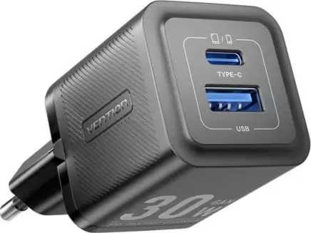 Vention 2-Port USB (C A) GaN Charger (30W 30W) EU-Plug, Black