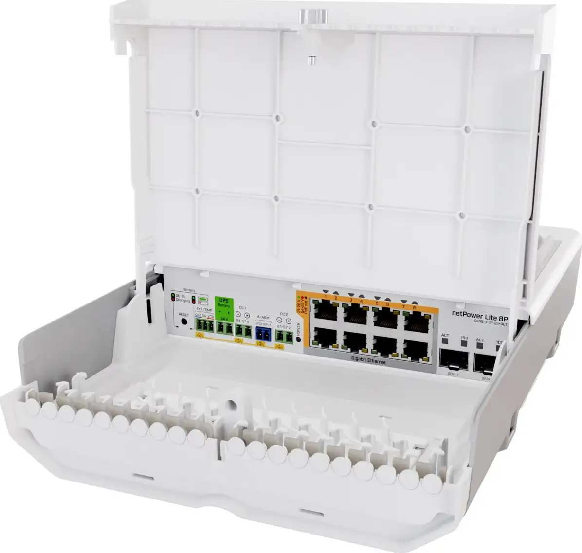 Mikrotik netPower Lite 8P CSS610-8P-2S+OUT, 8×1G PoE-out, 802.3af/at, 2×SFP+ 10G, SwOS, desktop kućište, PSU