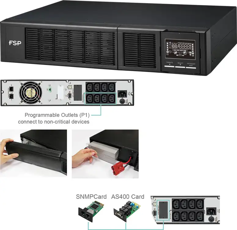 Fortron Source UPS Clippers Rack/Tower 2000VA/2000W, On-line double conversion, USB, RS-232, EPO, 8×C13, 4×9Ah, LCD - Slika 2
