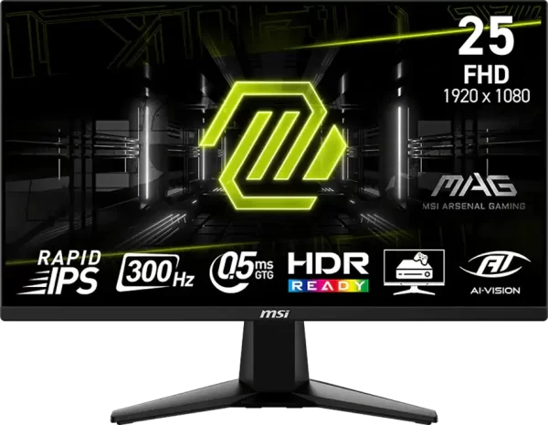 MSI MAG 255F, 24.5", Rapid IPS, 1920x1080 (FullHD), 300Hz, 300 Nits, 0.5ms, AMD FreeSync Premium, HDR Ready, 2x HDMI 2.0b, 1x DP 1.4a, 1x Headphone-out, Tilt, VESA
