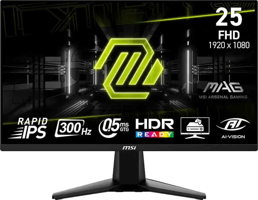 MSI MAG 255F, 24.5", Rapid IPS, 1920x1080 (FullHD), 300Hz, 300 Nits, 0.5ms, AMD FreeSync Premium, HDR Ready, 2x HDMI 2.0b, 1x DP 1.4a, 1x Headphone-out, Tilt, VESA