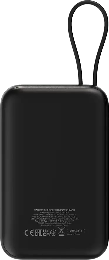 CANYON power bank OnPower 101 built-in cable 10000 mAh PD22.5W Black - Slika 4