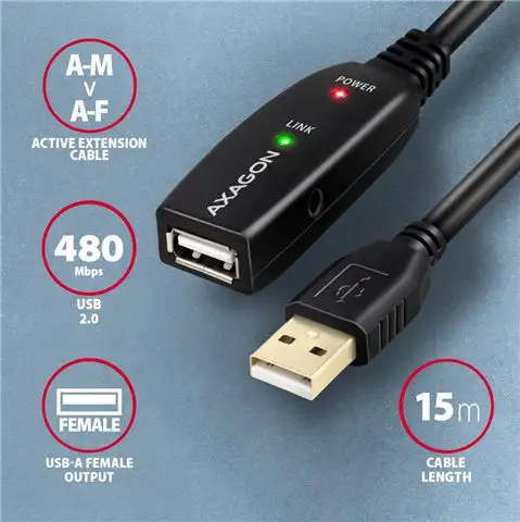 CC USB AM 2.0 -> USB AF, Aktivni produžni, 15m, ADR-215, AXA
