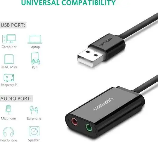 UGREEN vanjska USB zvučna kartica s podrškom za slušalice i mikrofon, 15cm - Slika 2