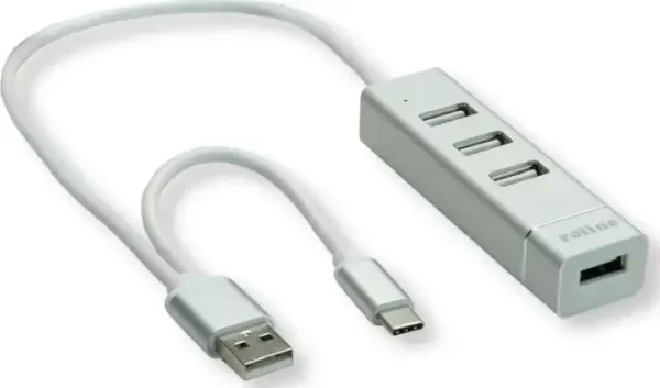 Roline Hub 4-porta USB2.0, USB Tip-A + USB-C kablovi, 0.3m