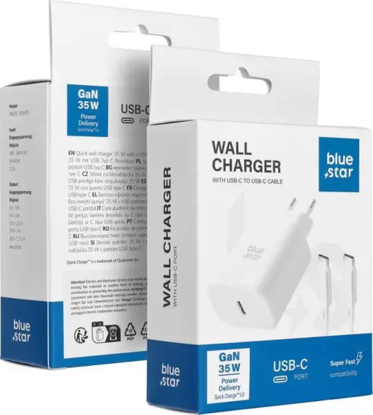 Punjač za mobitel Blue Star USB-C QC 4.0 PD 3 A, 35 W + USB-C na USB-C kabel TFB-TC-25WPD, bijeli