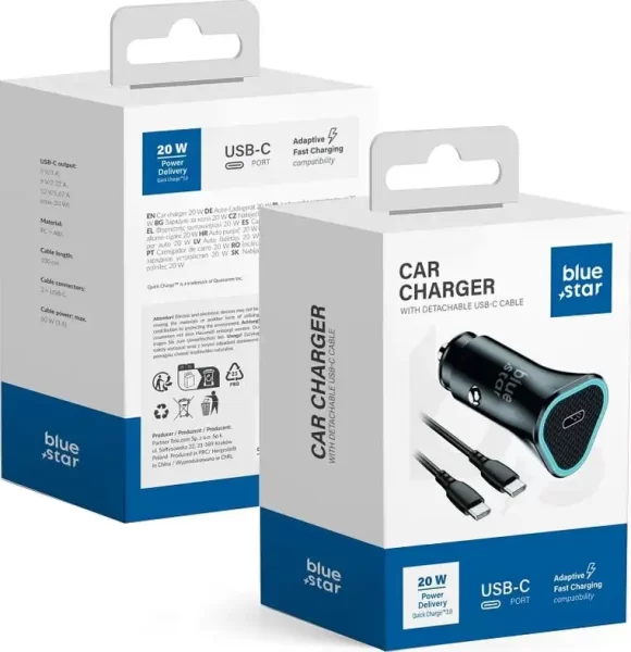 Auto punjač Blue Star USB C QC3.0 PD AFC 3A 20W + cable USB C to USB C crni