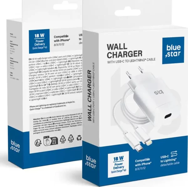 Punjač Blue Star USB-C QC 3.0 PD, 3 A, 18 W, USB-C na Lightning, model TFK-TC-1099C, bijeli