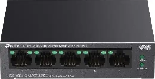 TP-Link LS105GP 5-Port Gigabit Desktop Switch with 4-Port PoE+, 4x Gigabit PoE+ Ports, 1x Gigabit Non-PoE Port, 802.3af/at, 65 W PoE Power, Desktop Steel Case, LS105GP - Slika 4