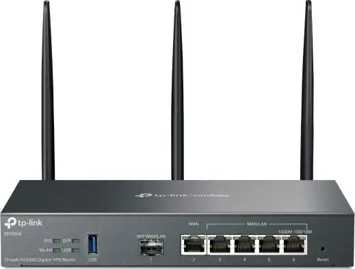 TP-Link ER706W Omada AX3000 Wi-Fi 6 Gigabit VPN Router, 1× Gigabit SFP WAN/LAN Port, 1× Gigabit RJ45 WAN Port, 4× Gigabit WAN/LAN RJ45 Ports, 1× USB 3.0, ER706W