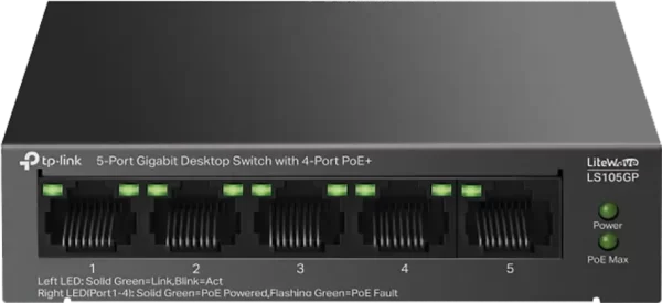 TP-Link LS105GP 5-Port Gigabit Desktop Switch with 4-Port PoE+, 4x Gigabit PoE+ Ports, 1x Gigabit Non-PoE Port, 802.3af/at, 65 W PoE Power, Desktop Steel Case, LS105GP
