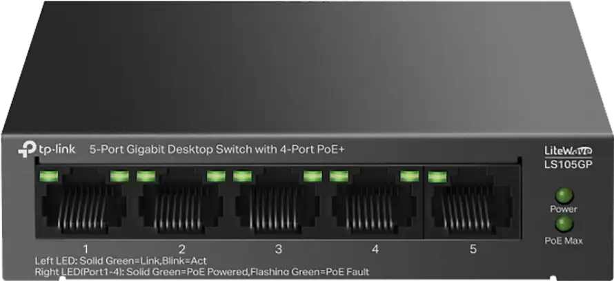 TP-Link LS105GP 5-Port Gigabit Desktop Switch with 4-Port PoE+, 4x Gigabit PoE+ Ports, 1x Gigabit Non-PoE Port, 802.3af/at, 65 W PoE Power, Desktop Steel Case, LS105GP