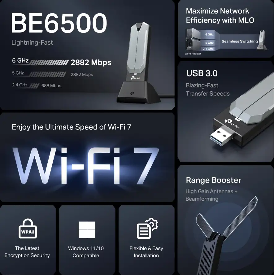 TP-Link Archer TBE400UH BE6500 Wi-Fi 7 trofrekvencijski USB 3.0 WiFi adapter s antenama visokog pojačanja - Slika 2