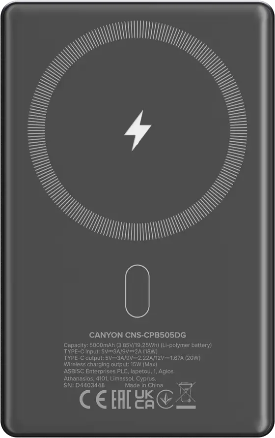 CANYON power bank OnPower 505 slim Magnetic 5000 mAh PD20W Dark Grey, CNS-CPB505DG - Slika 2