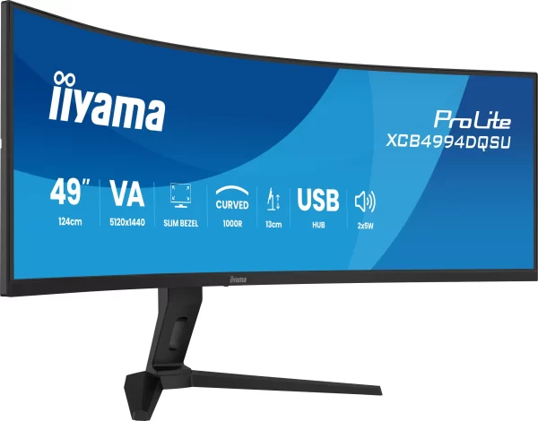 IIYAMA Monitor ProLite 49" Curved 1000R, VA, Dual QHD 5120x1440, 120Hz, 2ms GtG, 400cd/m2, 3000:1, HDR10, Adaptive Sync, 2xHDMI 2.0, 2xDP 1.2, 2xUSB-C 7.5W, 2xUSB 3.2, 2x5W Speakers, XCB4994DQSU-B1