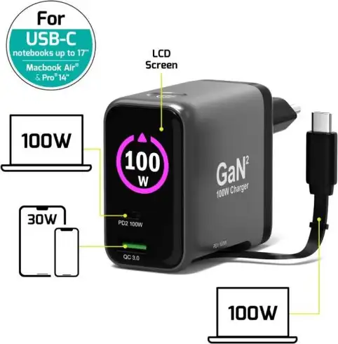 Port zidni punjač 100W type C,GaN2+USB-C kabel 2m 902100LEU