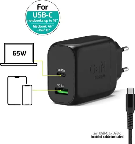 Port zidni punjač 65W type C GaN2 + USB-C kabel 2m 902065EPEU