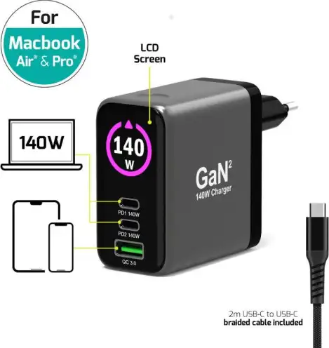 Port zidni punjač 140W type C,GaN2+USB-C kabel 2m 902140PEU